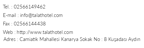 Talat Hotel telefon numaralar, faks, e-mail, posta adresi ve iletiim bilgileri
